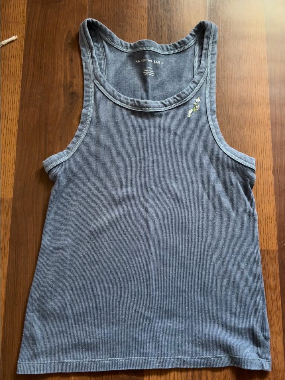 American Eagle Outfitters Blue Ribbed Scoop Tank with Floral Accent